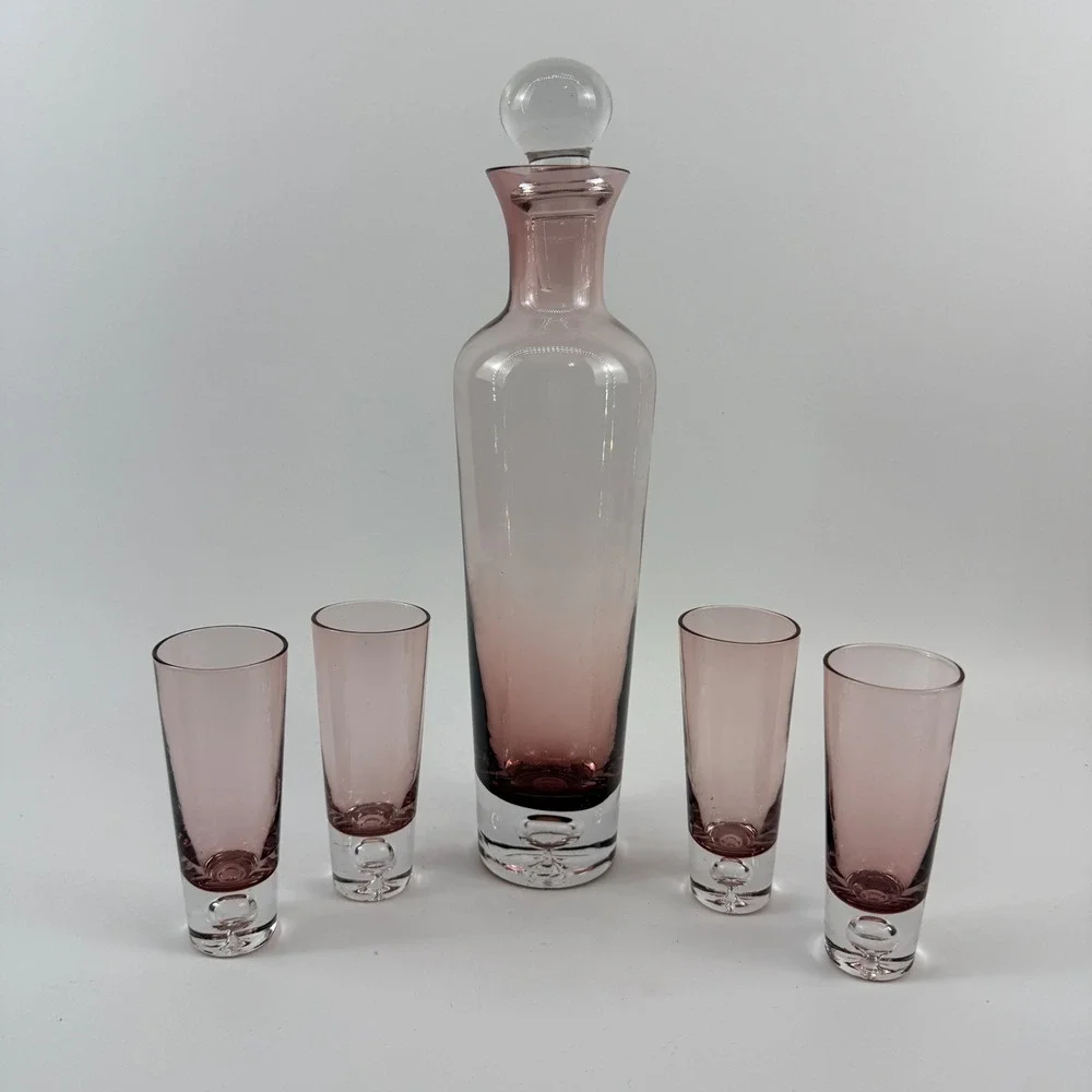 Vintage Krosno Amethyst Cased Glass Decanter Set w 4 Cordial Shot Glasses
